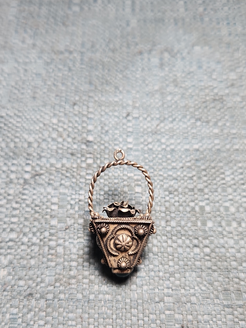Vintage Italian Etruscan Revival 800 Silver And Jade Basket Pendant